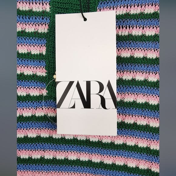 Zara NWT striped knit polo shirt with flower buttons Size M Green Pi nk blue - Picture 9 of 11